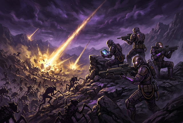 Original illustration of a four-soldier squad holding a ridge under orbital strikes on an alien planet for the Boosting Games guide to Helldivers 2