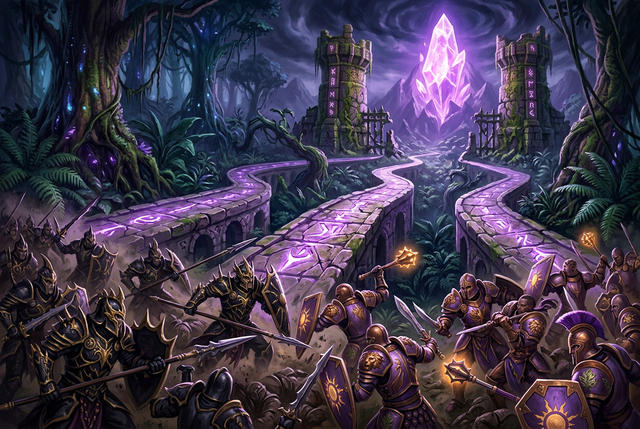 Original illustration of fantasy warriors fighting along three glowing lanes toward a crystal, for the Boosting Games guide to Honor of Kings