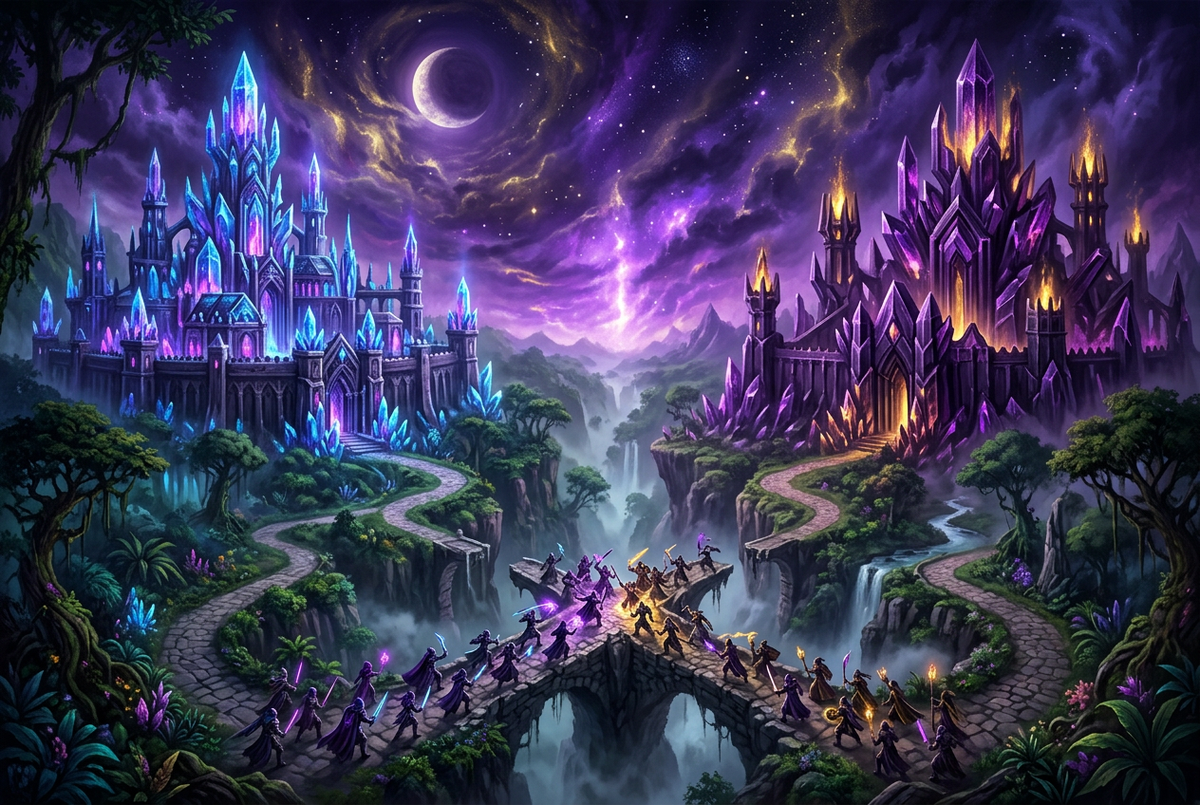 Original illustration of two crystal fortresses across a three-path valley for the Boosting Games guide to League of Legends