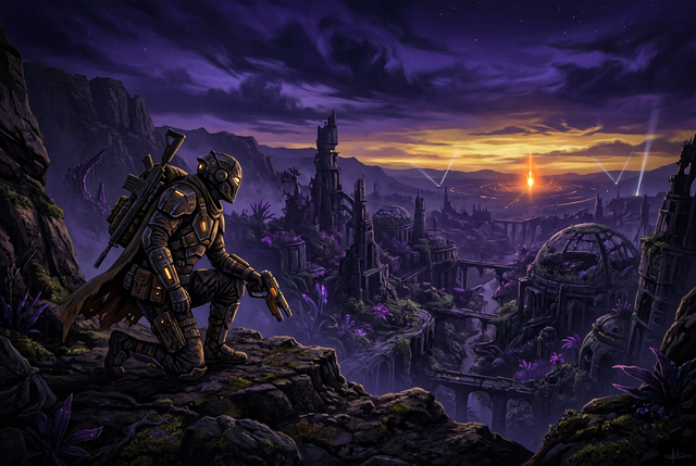 Original illustration of an armored scavenger watching over an abandoned sci-fi colony at dusk for the Boosting Games guide to Marathon