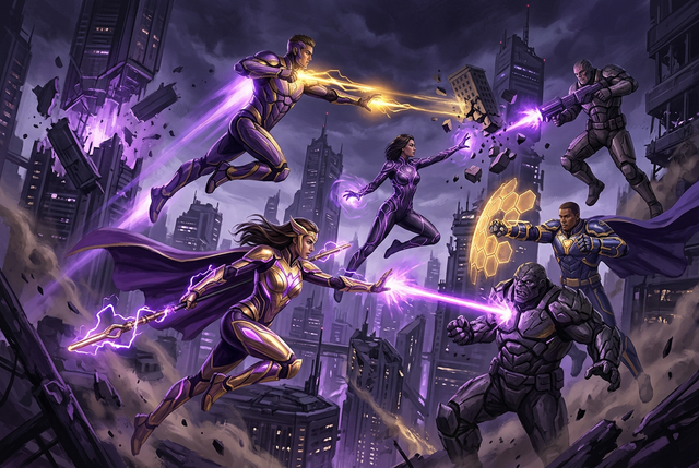Original illustration of costumed superheroes battling in a ruined city, for the Boosting Games guide to Marvel Rivals