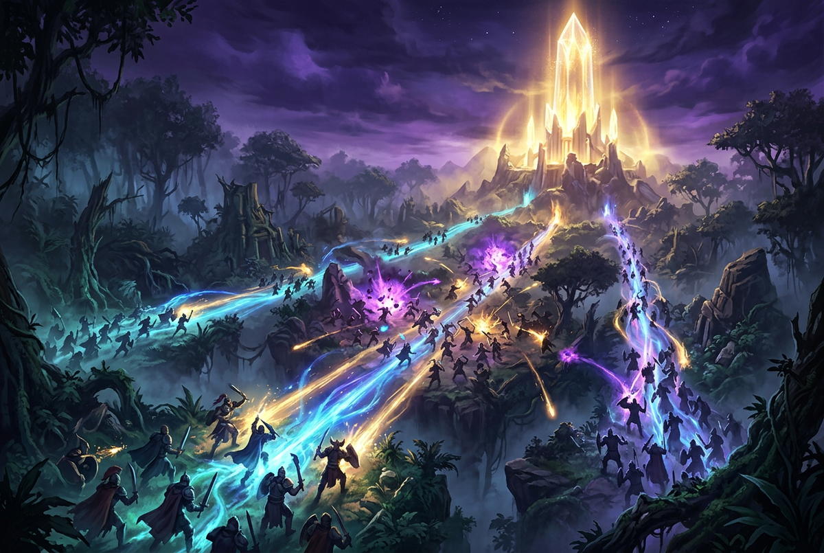 Original illustration of a fantasy battlefield with three lanes leading to a glowing crystal, for the Boosting Games guide to Mobile Legends