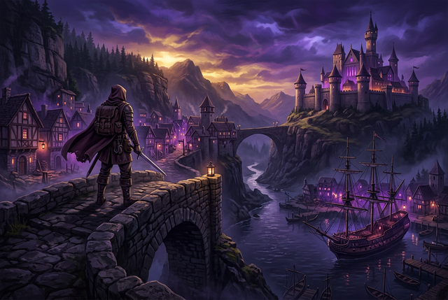 Original illustration of an adventurer overlooking a medieval fantasy village for the Boosting Games guide to Old School RuneScape