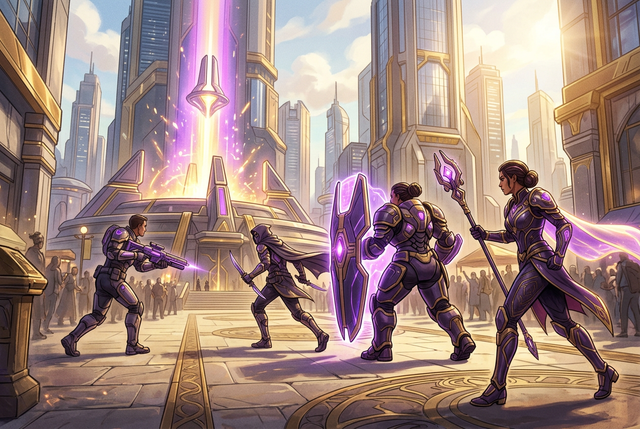 Original illustration of a futuristic hero team pushing toward a glowing objective, for the Boosting Games guide to Overwatch