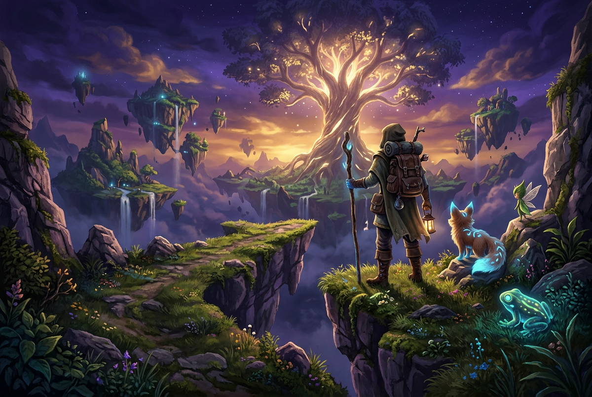 Original illustration of an explorer with small fantasy creatures facing floating islands and a glowing tree, for the Boosting Games guide to Palworld