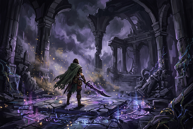 Original illustration of a warrior in a misty ruined temple lit by glowing runes, for the Boosting Games guide to Path of Exile 2