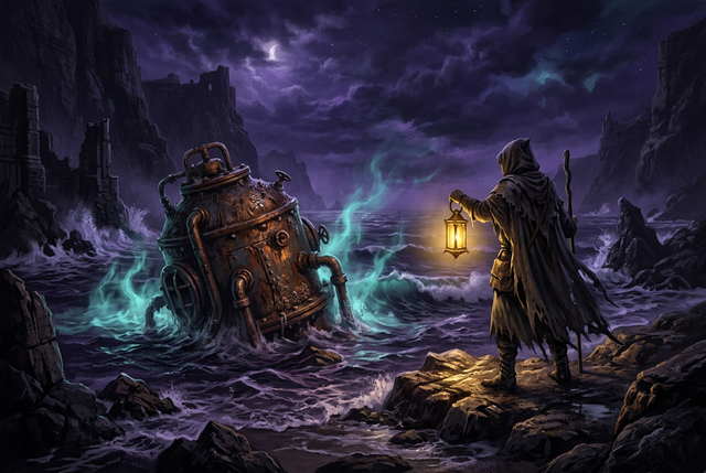 Original illustration of a cloaked exile with a lantern beside an iron diving bell on a dark shore for the Boosting Games guide to Path of Exile