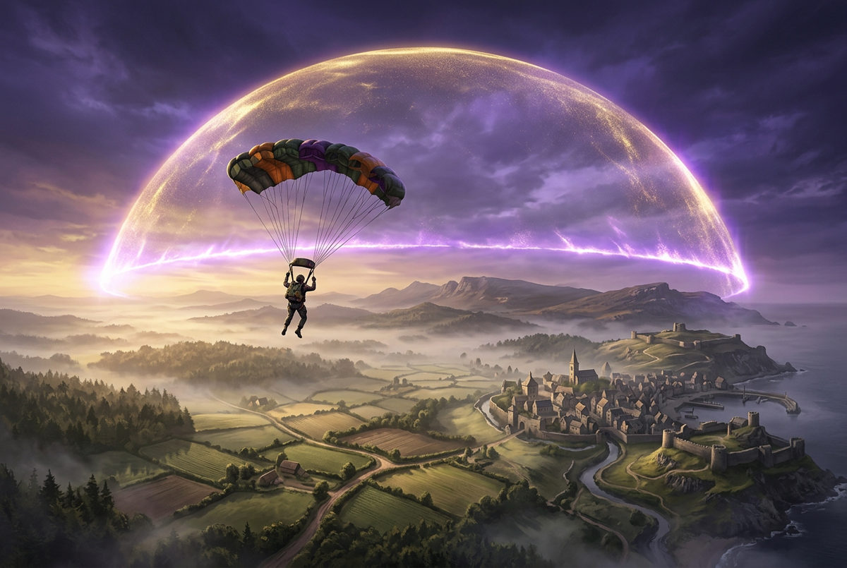 Original illustration of a parachutist dropping onto a misty island inside a glowing boundary for the Boosting Games guide to PUBG: Battlegrounds