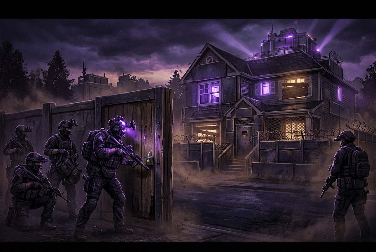 Original illustration of a squad preparing to breach a fortified house at night for the Boosting Games guide to Rainbow Six Siege