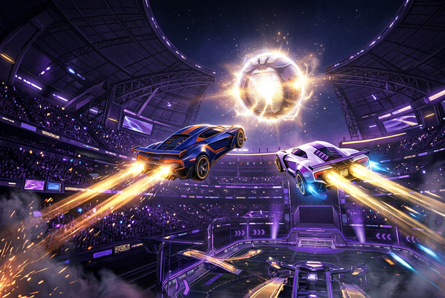 Original illustration of two futuristic cars flying toward a giant glowing ball in a night stadium, for the Boosting Games guide to Rocket League