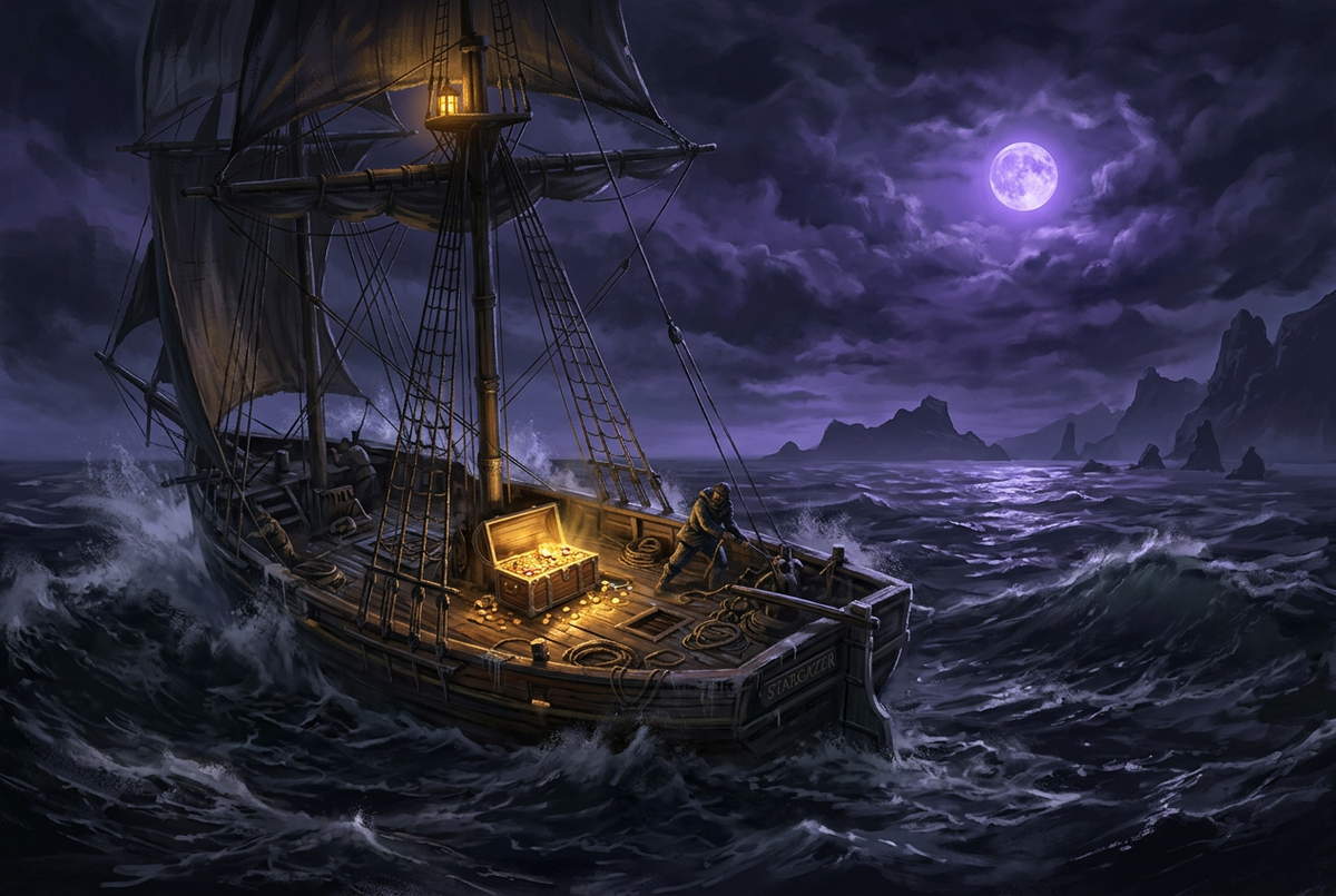 Original illustration of a small sailing ship with a glowing treasure chest on a stormy night sea, for the Boosting Games guide to Sea of Thieves