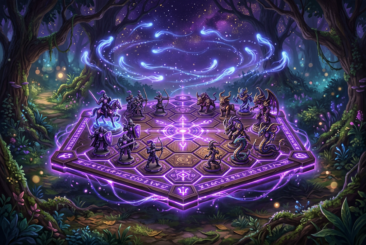 Original illustration of a floating hexagon board with tiny figurines in an enchanted forest for the Boosting Games guide to Teamfight Tactics