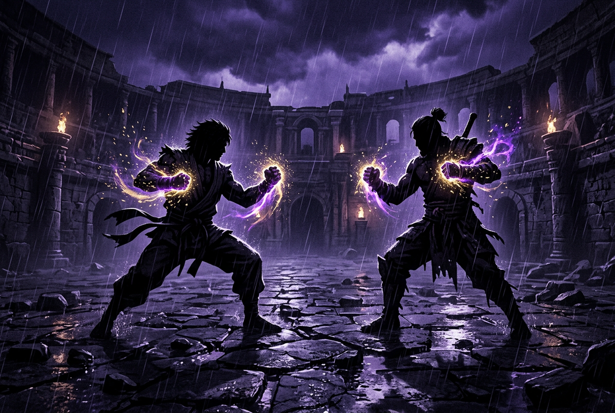 Original illustration of two silhouetted fighters facing off in a rainy arena, for the Boosting Games guide to Tekken 8