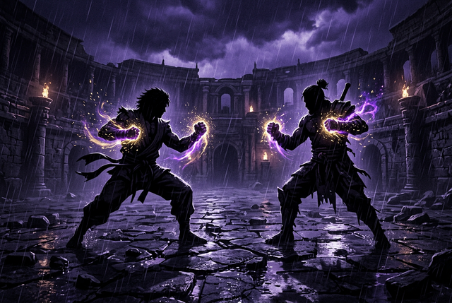 Original illustration of two silhouetted fighters facing off in a rainy arena, for the Boosting Games guide to Tekken 8