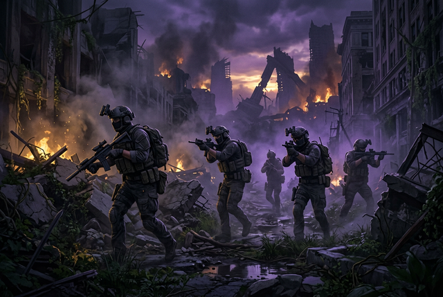 Original illustration of tactical agents crossing a ruined, overgrown city street, for the Boosting Games guide to The Division 2