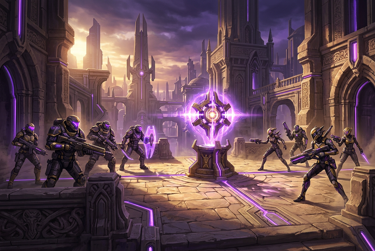 Original illustration of two futuristic squads facing off over a glowing device for the Boosting Games guide to Valorant