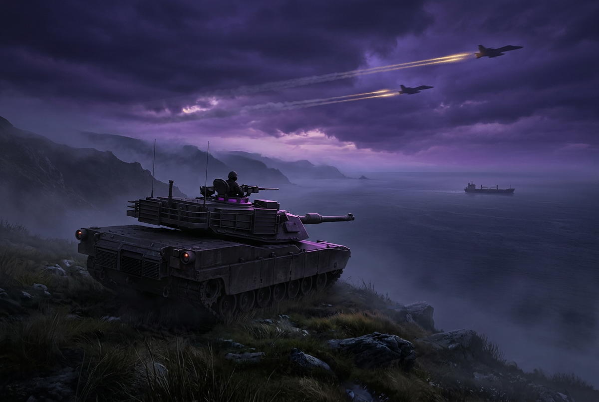 Original illustration of a tank on a misty hillside with jets overhead and a ship in the distance, for the Boosting Games guide to War Thunder