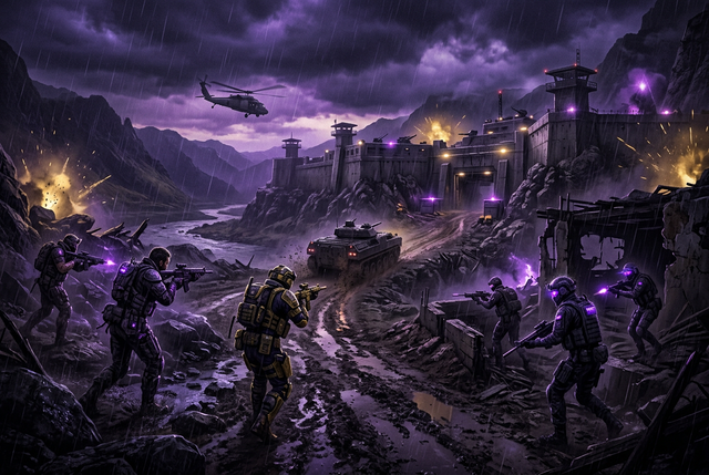 Original illustration of three rival squads converging on a rain-soaked fortified zone for the Boosting Games guide to Wardogs