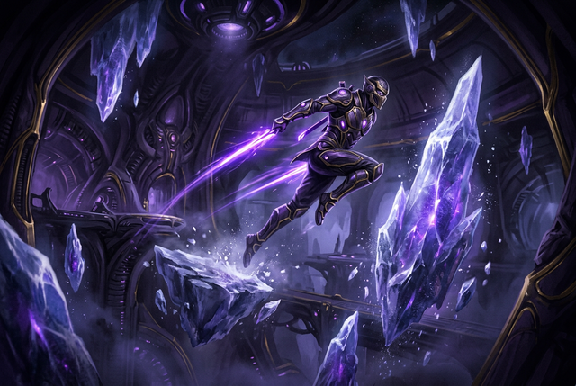 Original illustration of an armored space ninja leaping through an icy starship hall, for the Boosting Games guide to Warframe