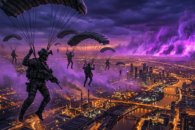 Original illustration of soldiers parachuting into a city as gas closes in for the Boosting Games guide to Call of Duty: Warzone