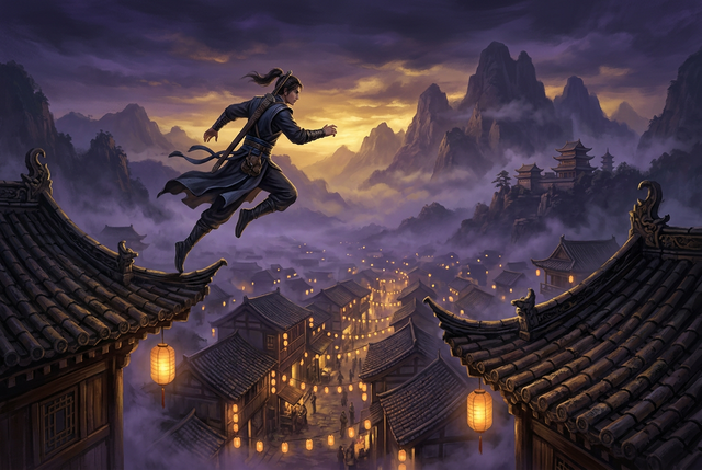 Original illustration of a swordsman leaping across misty rooftops toward mountains for the Boosting Games guide to Where Winds Meet