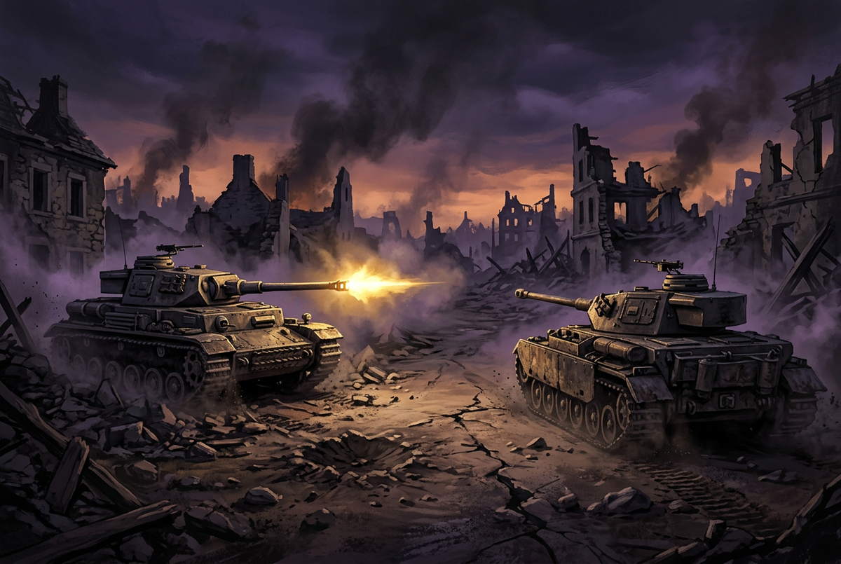 Original illustration of two tanks facing off across a ruined village at dusk, for the Boosting Games guide to World of Tanks