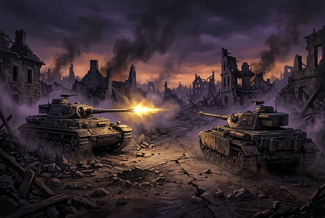 Original illustration of two tanks facing off across a ruined village at dusk, for the Boosting Games guide to World of Tanks