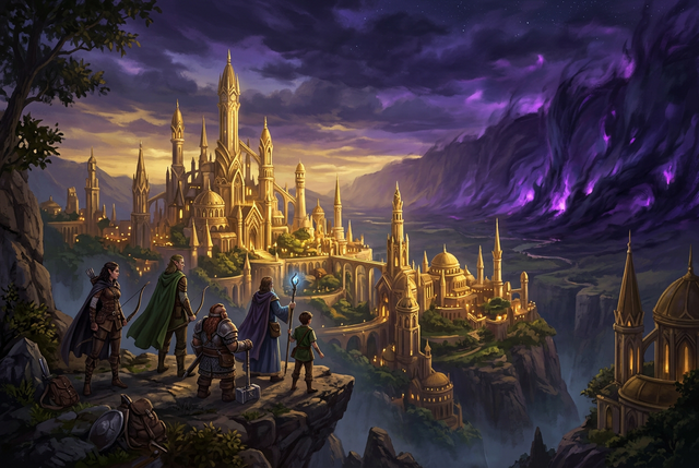Original illustration of a golden elven city facing a rising void storm for the Boosting Games guide to World of Warcraft
