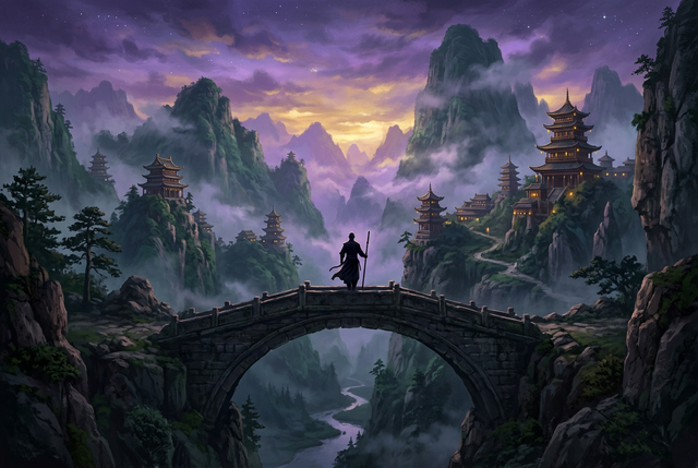 Original illustration of a martial artist on a bridge before misty mountain temples for the Boosting Games guide to WoW MoP Classic