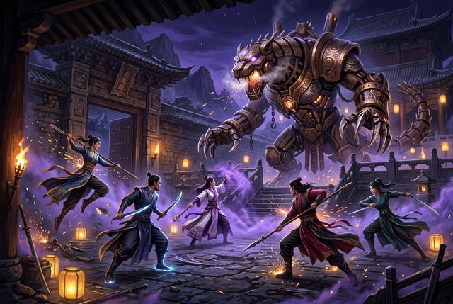 Original illustration of five martial artists facing a giant puppet beast in a lantern-lit temple for the Boosting Games Where Winds Meet dungeons guide