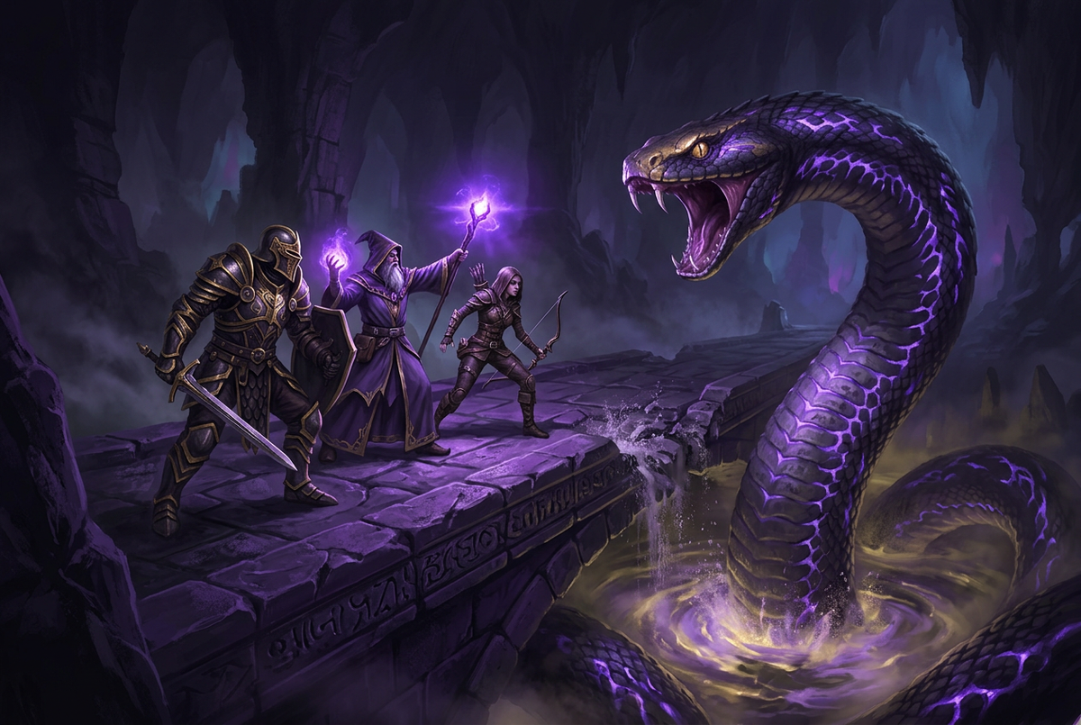 Original illustration of a raid party facing a giant venom serpent for the Boosting Games WoW Midnight raid guide