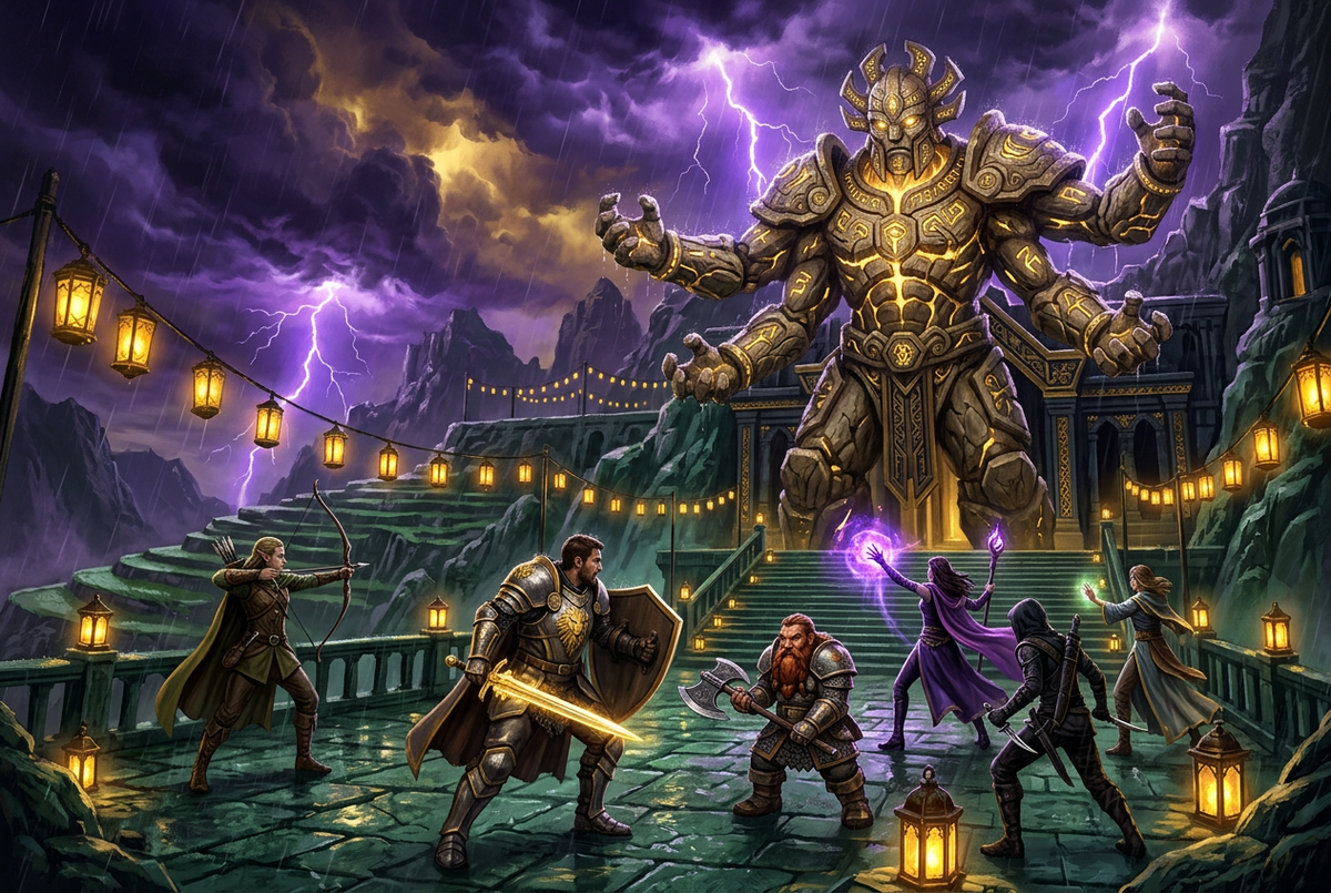Original illustration of a raid party facing a giant stone guardian for the Boosting Games MoP Classic raid guide