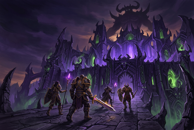 Original illustration of a raid party approaching a demon citadel for the Boosting Games TBC Anniversary raid guide