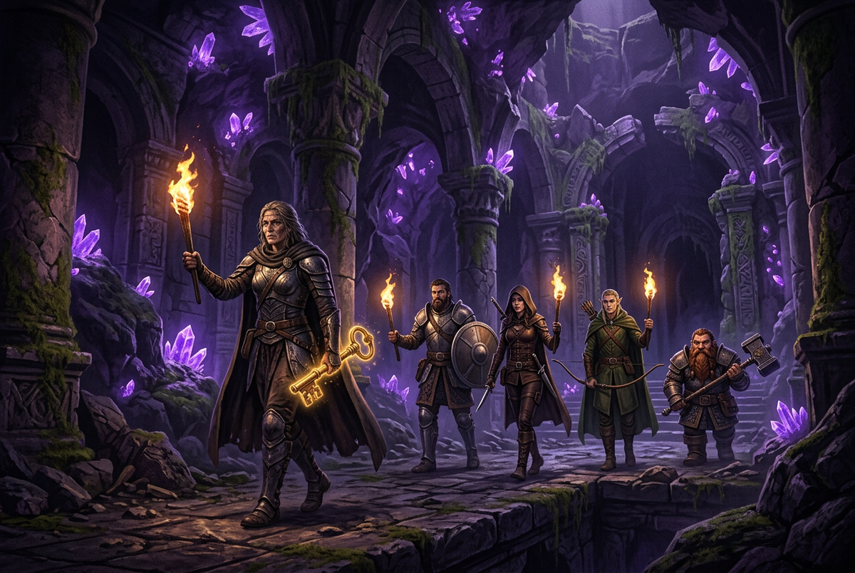 Original illustration of a five-player party entering a torch-lit dungeon for the Boosting Games TBC heroic dungeons guide