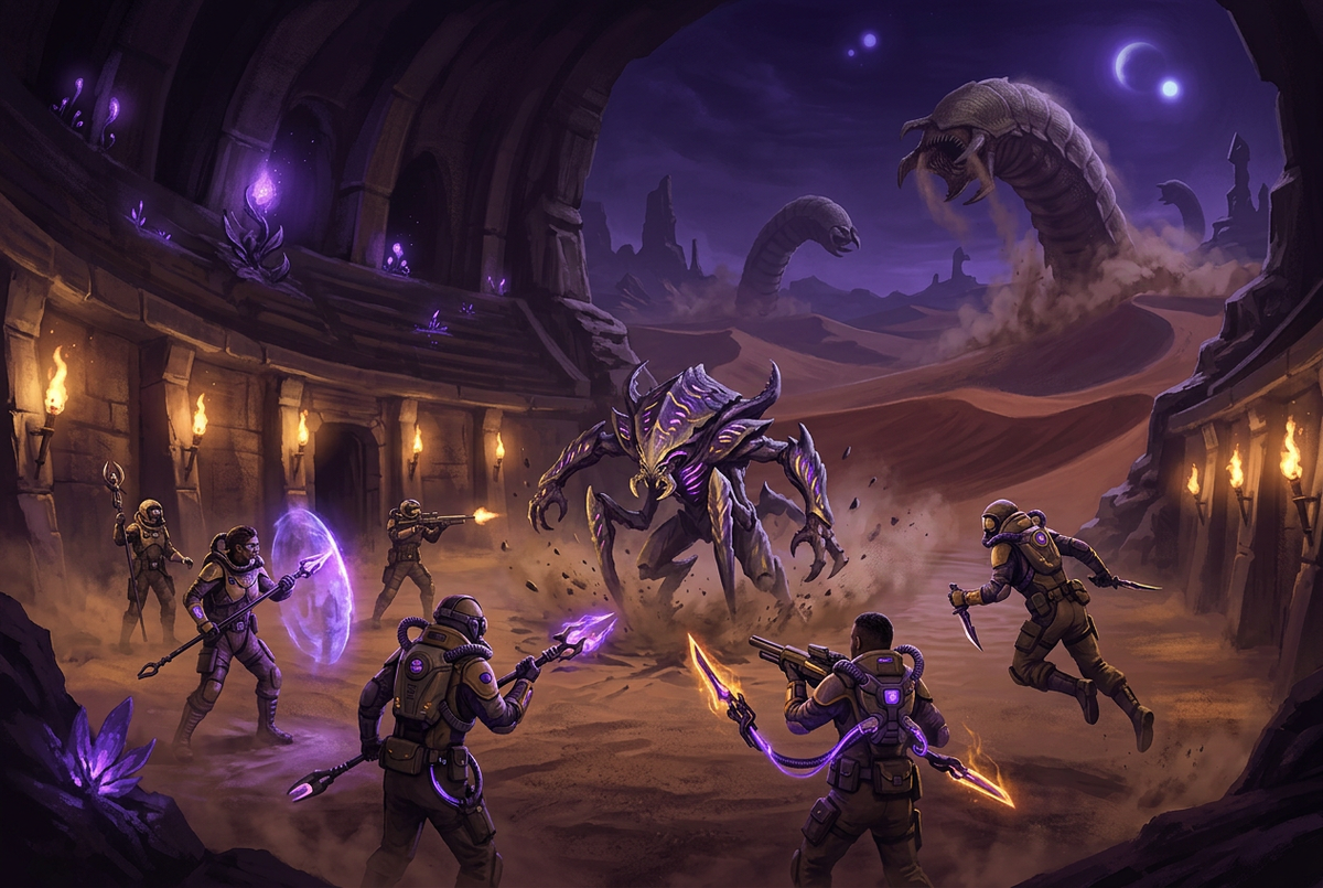 Original artwork for Dune: Awakening raid and dungeon carry services at Boosting Games