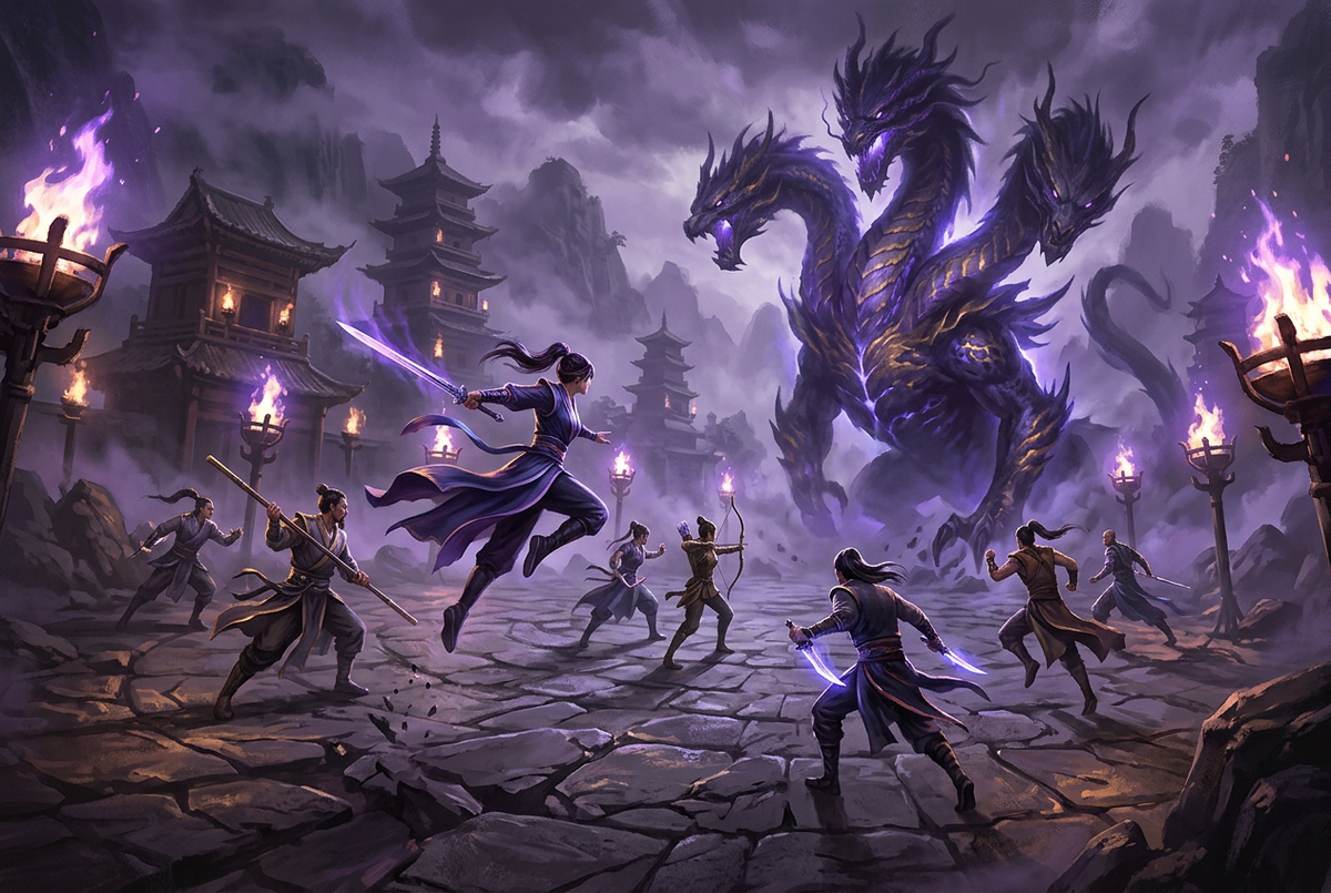 Original artwork for Where Winds Meet raid and dungeon carry services at Boosting Games